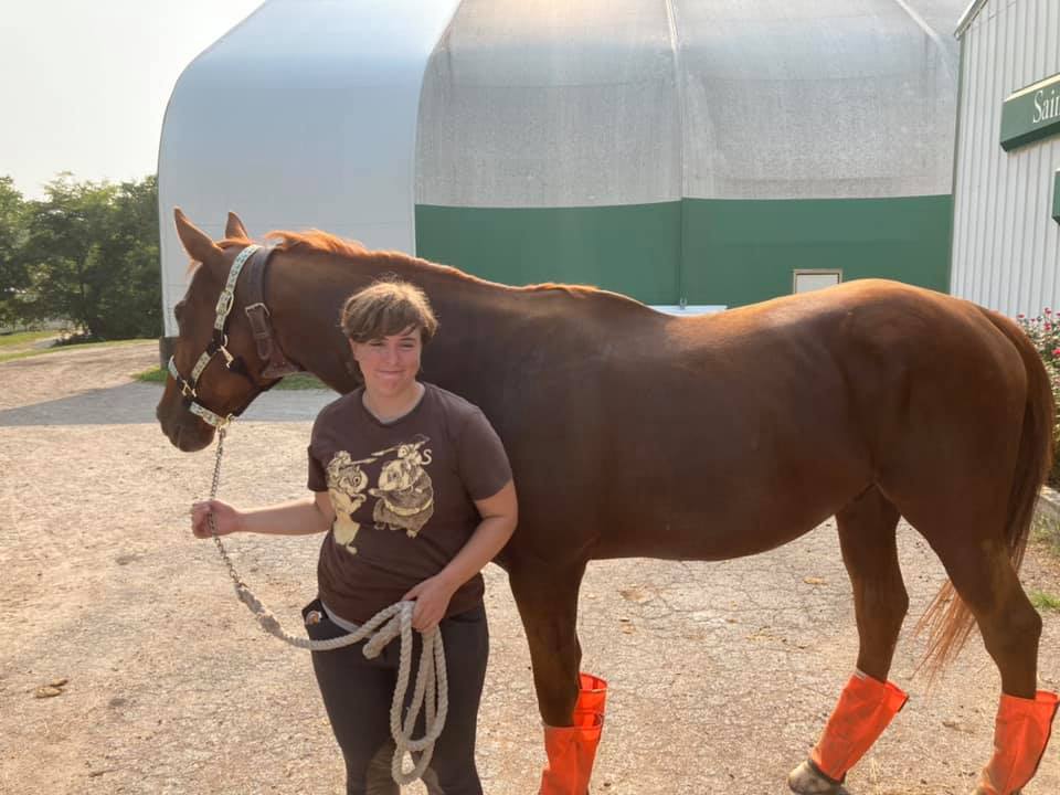 Side view of Oliver, a chestnut horse with a white blaze on his nose, with Jay, the older kid.